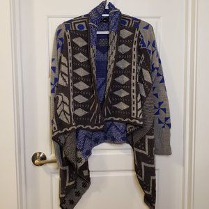 Seductions Women's Knitted Grey Blue Aztec Hankerchief Sweater Coat-Size: XS/S